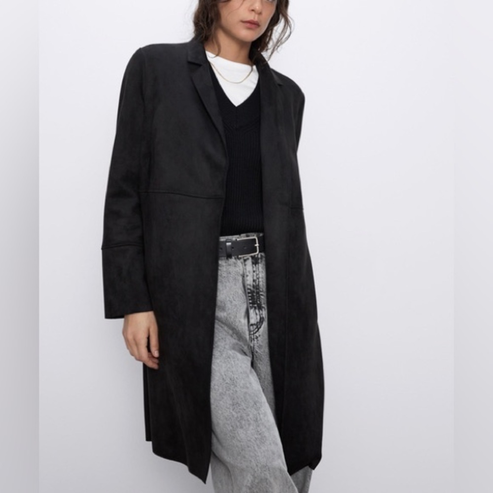 ZARA black faux suede midi Blazer Coat size small - Picture 5 of 12